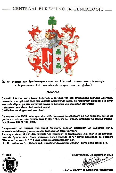 certificaat Familiewapen Nienoord